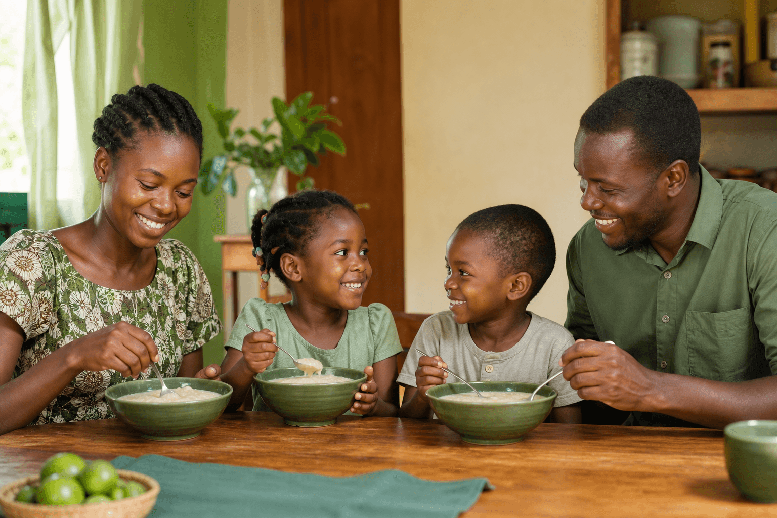 A Malawian family sharing Everyday Phala porridge at home